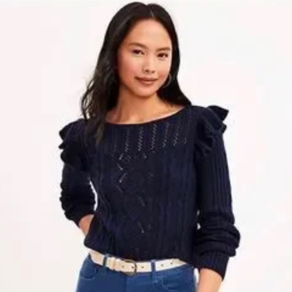 Loft navy cable knit sweater with ruffles size Petite XS